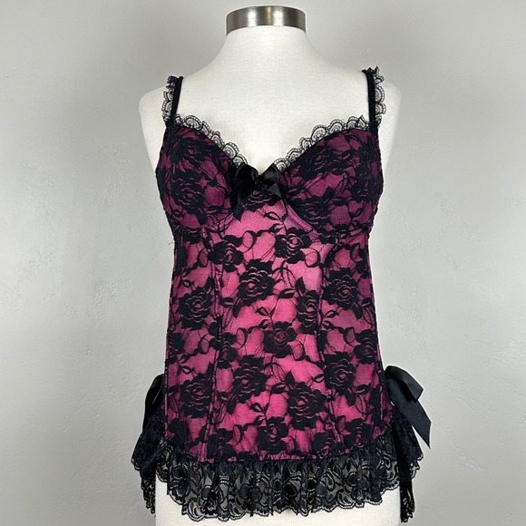 The Unbranded Brand Tops - Corset Women L Whimisigoth Romantic Coquette‎ Floral Lace Bow Ruffle Top Boning